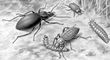 Жужелицы: 1 — чёрная (Carabus coriaceus); 2 — хлебная (Zabrus tenebrioides); 3 — личинка хлебной; 4 — зернистая (Carabus granulatus).