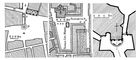 Планы площадей в городах Западной Европы в 16—19 вв. 1. Пьяцца делла Синьория во Флоренции: а — Палаццо делла Синьория (начато в 1298); б — улица Уффици (1560—1585); в — Лоджия деи Ланци (около 1376—80); г — статуя «Давид» (1501—04); д — фонтан Нептуна (1575). 2. Пьяцца Сан—Марко и Пьяццетта в Венеции: а — собор Сан—Марко (829—832, перестроен в 1073—95); б — Дворец дожей (строился с 9 в.); в — Старая библиотека Сан—Марко (1536—54, окончена в 1583); г — кампанила (888—1517); д — Старые Прокурации (1480 и 1511—14); е — Новые Прокурации (1584—1611 и 1640); ж — колонны из гранитных монолитов, привезённых в 1127 из Египта. 3. Пьяцца Санта—Мария делла Паче в Риме. Середина 17 в. Архитектор Пьетро да Кортона (1 — церковь Санта—Мария делла Паче, 1480-е гг.).