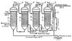 Рис. 2. Схема многоступенчатого дистилляционного опреснителя с трубчатыми нагревательными элементами: 1 - испарительные камеры 1, 2, 3 и 4-й ступеней; 2 - трубчатые нагревательные элементы; 3 - концевой конденсатор; 4 - брызгоулавливатель; 5 - насос.