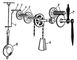 Рис. 4. Схема механизма маятниковых часов с крючковатым спуском: 1 — поводок; 2 — ось скобы; 3 — скоба; 4 — спусковое колесо; 5 — основная колёсная передача; 6 — колёсная передача стрелок; 7 — стрелки; 8 — гиревой привод; 9 — маятник.