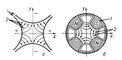 Рис. 8. Сечения квадрупольных электростатической (а) и магнитной (б) электронных линз, перпендикулярные направлению движения пучка заряженных частиц: 1 - электроды; 2 - силовые линии полей.