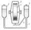 Рис. 2. Принципиальная схема чувствительного элемента однороторного гирокомпаса с ртутными сосудами: 1 — ротор; 2 — гирокамера; 3 — сосуды с ртутью; 4 — соединительная трубка; 5 — лапа.