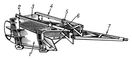 Снегопах-валкователь: 1 — правый корпус; 2 — правый грядиль; 3 — задняя балка; 4 — левый грядиль; 5 — передняя балка; 6 — левый корпус; 7 — прицеп.