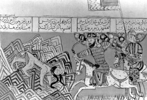 «Борьба Бахрама Чубина со львом Каппи». Миниатюра рукописи (Иран)