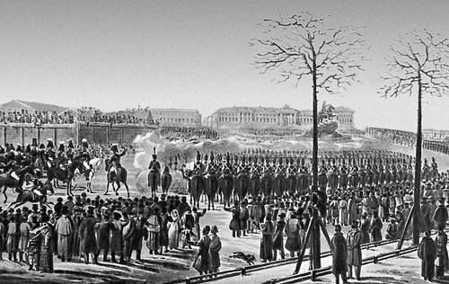 «Восстание на Сенатской площади в Петербурге 14 декабря 1825 года». Акварель К. И. Кольмана