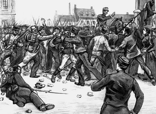 Нападение войск на забастовщиков в Фурми 1 мая 1891. Гравюра