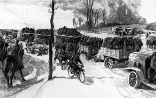 Отправка немецких войск на фронт. Рис. А. Либинга. 1914