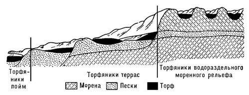 Расположение торфяников по рельефу (схема)