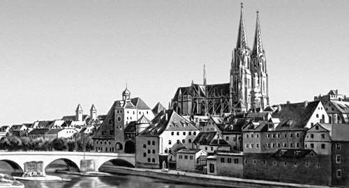 Регенсбург. Вид на Каменный мост и собор Санкт-Петер
